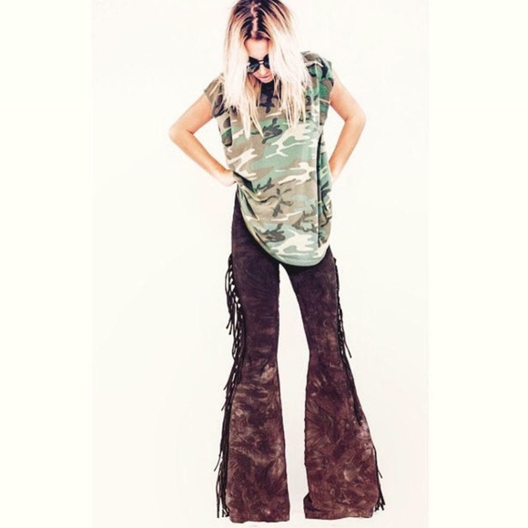SHORT LENGTH High Waisted Fringe Bell Bottoms in BROWN TIE DYE Sizes XS S M L XL - Picture 3 of 8